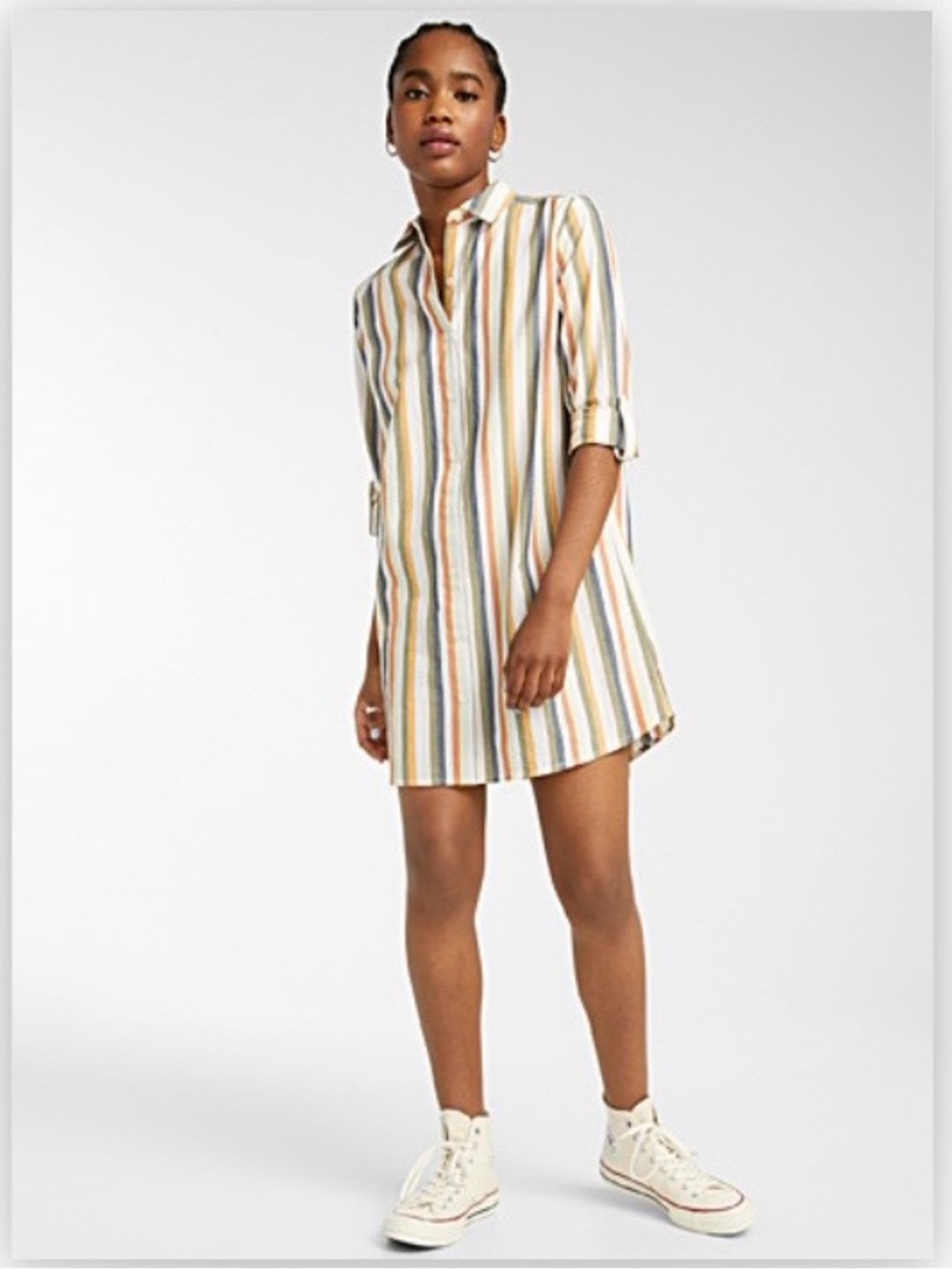 Simons Twik Striped Button-Down Shirtdress in Olive, Mustard & Rust